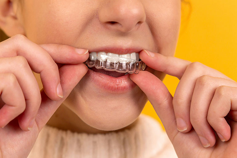 girl wearing retainer because of Orthodontic coverage