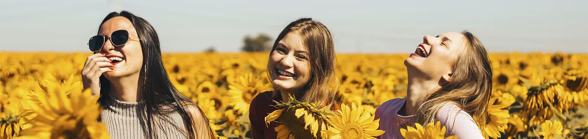 Three girls, one brunette and two blondes, laugh surrounded by sunflowers.